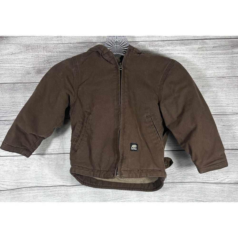 BERNE Boys 3T Brown Canvas Quilted Full Zip Hooded Bomber Jacket Warm